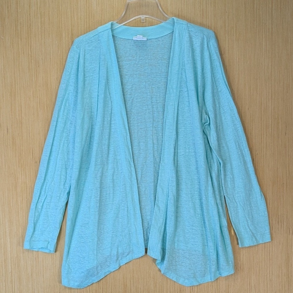 J. Jill Love 100% Linen Open Front Cardigan Size L Blue Green Resort Beach